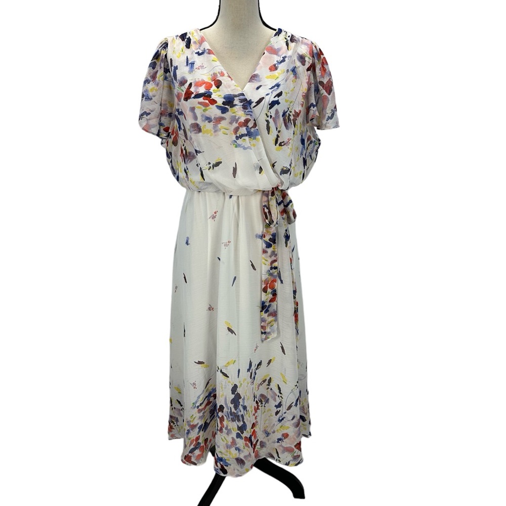 DKNY Short Flutter Sleeve Watercolor Print Midi Dress - White - Size 20W